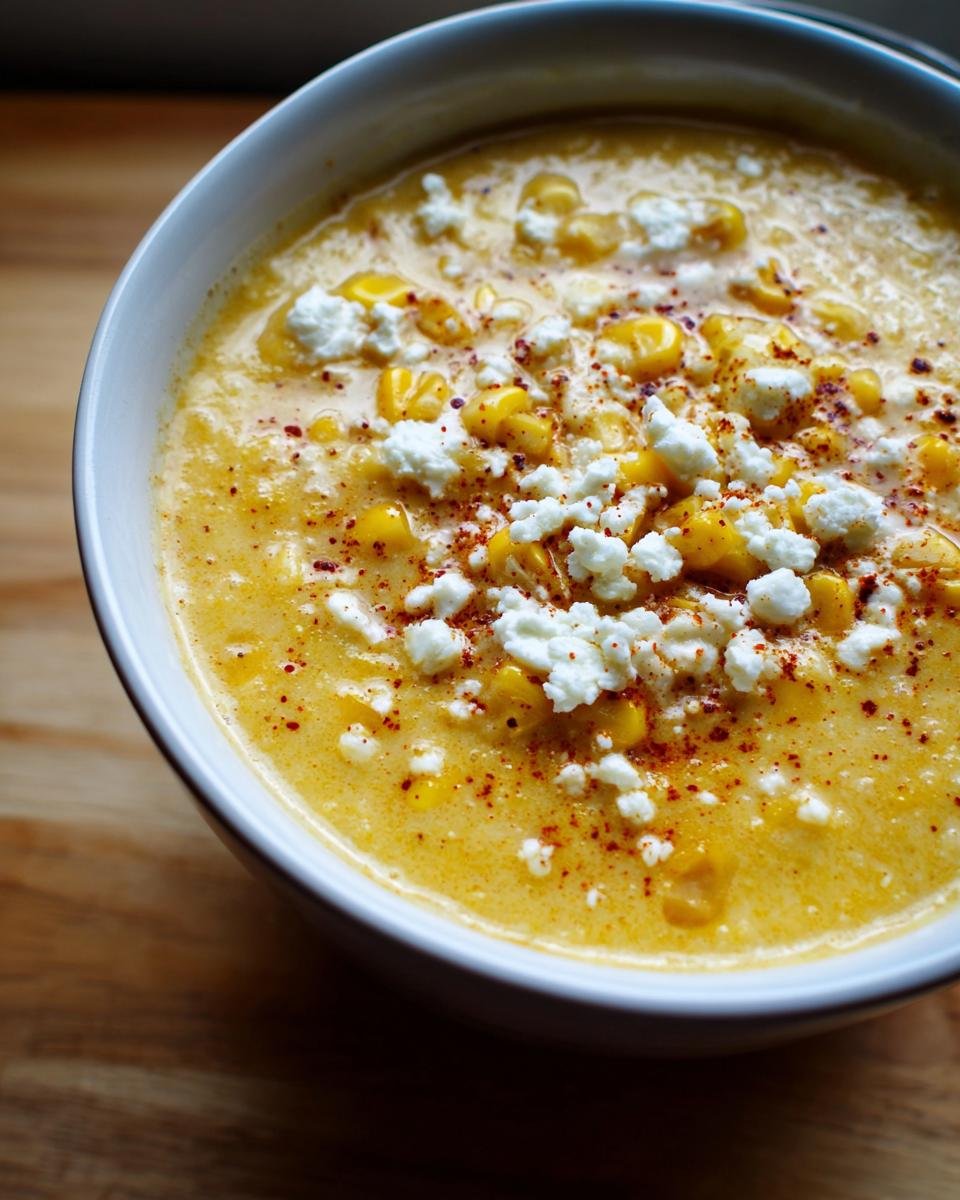 A close-up of a bowl of creamy Mexican Street Corn Soup topped with cotija cheese and chili powder.