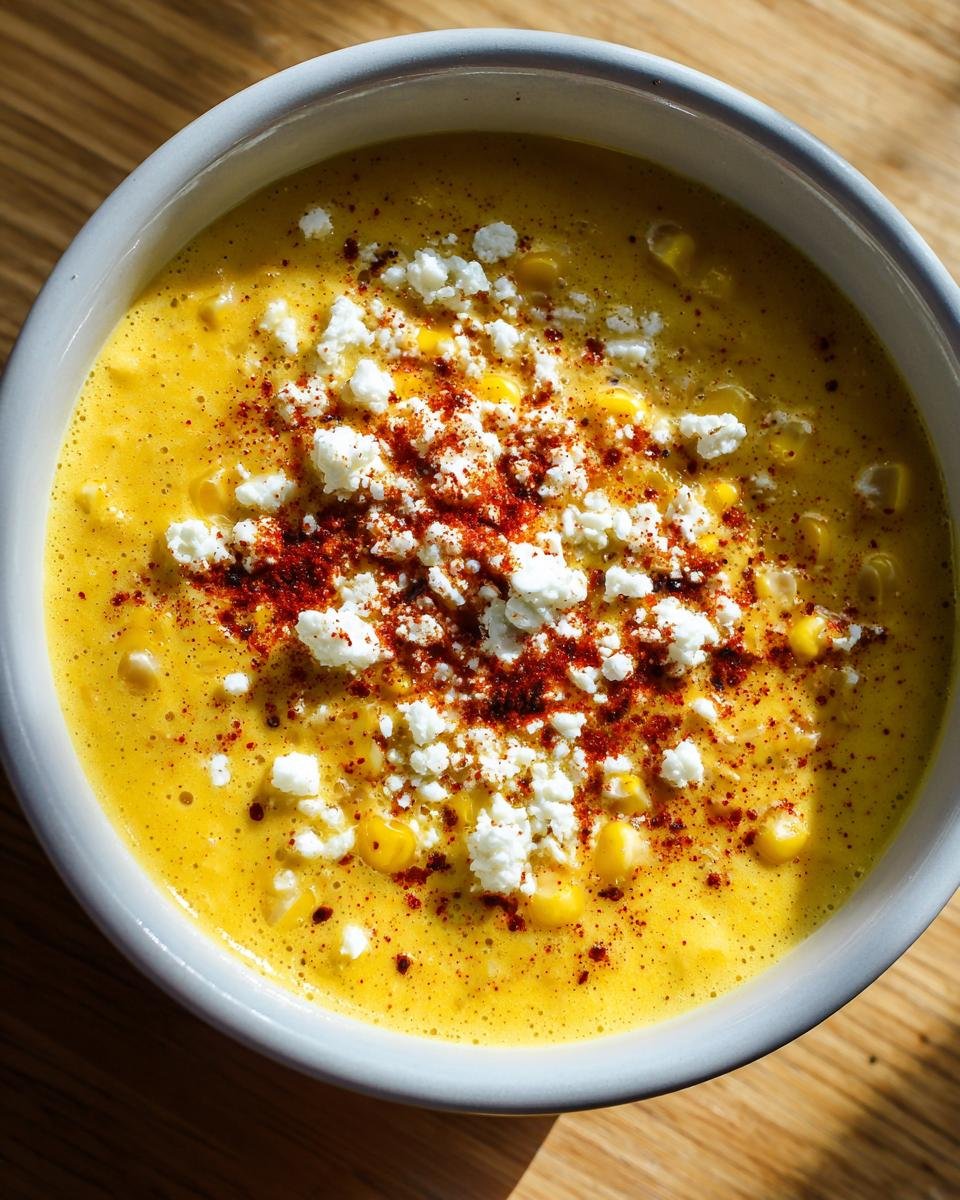 Overhead view of a bowl of rich, yellow Mexican Street Corn Soup topped with crumbled white cheese and red chili powder.