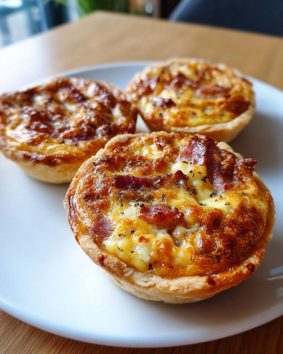 Close-up of three freshly baked Mini Quiche with golden, cheesy tops served on a white plate.