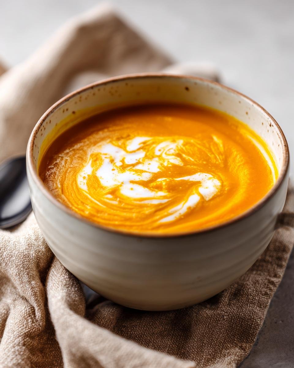 Close-up of a bowl of vibrant orange Panera Autumn Squash Soup topped with a swirl of cream.