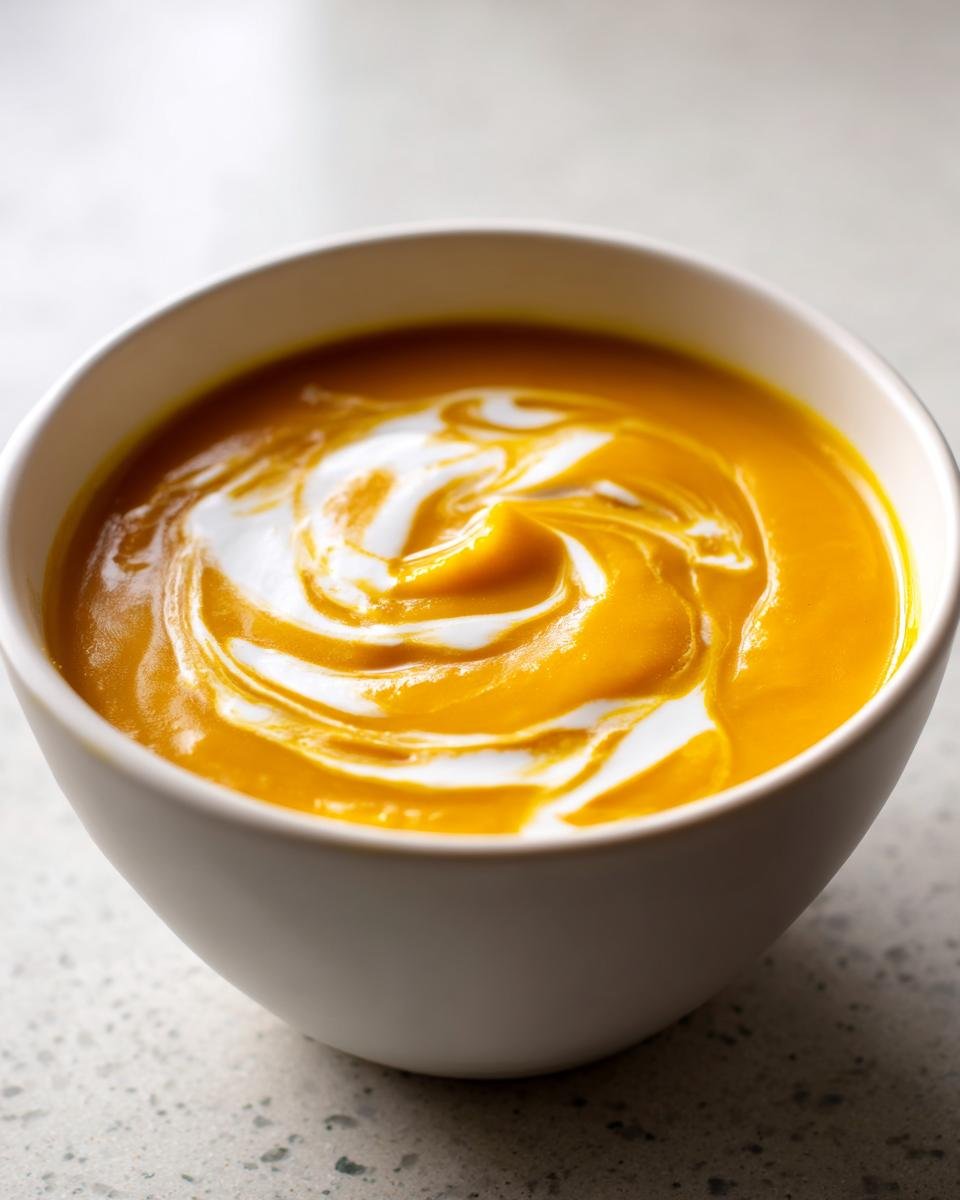 A close-up of rich orange Panera Autumn Squash Soup swirled with cream in a white bowl.