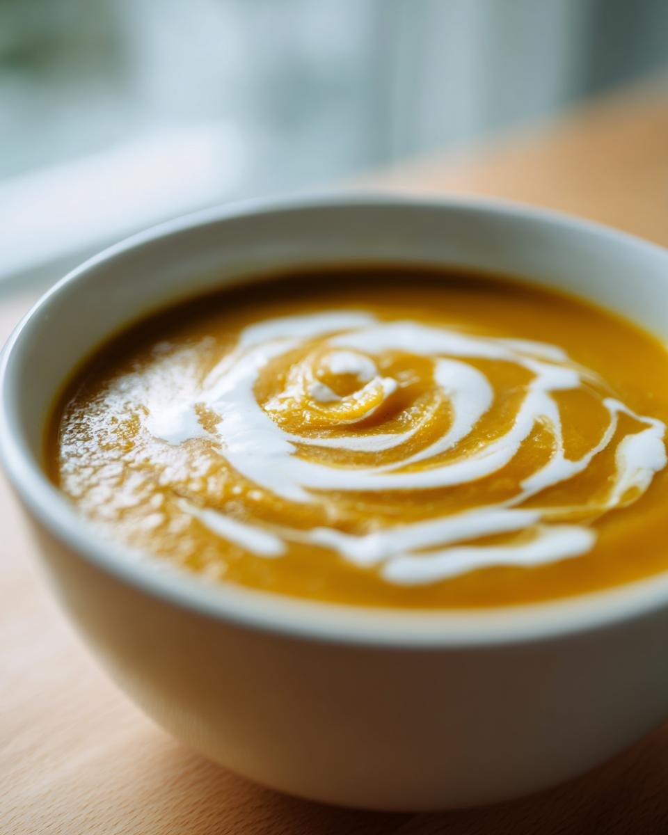 Close-up of a bowl of vibrant orange Panera Autumn Squash Soup, swirled with cream.