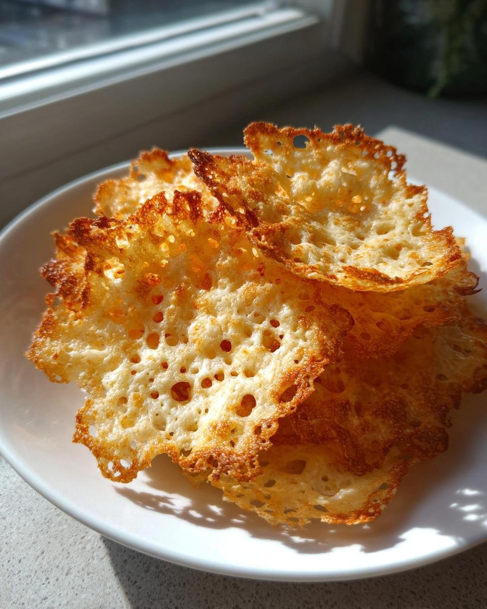 A stack of golden brown, lacy Parmesan Crisps with crispy, browned edges served on a white plate near a window.