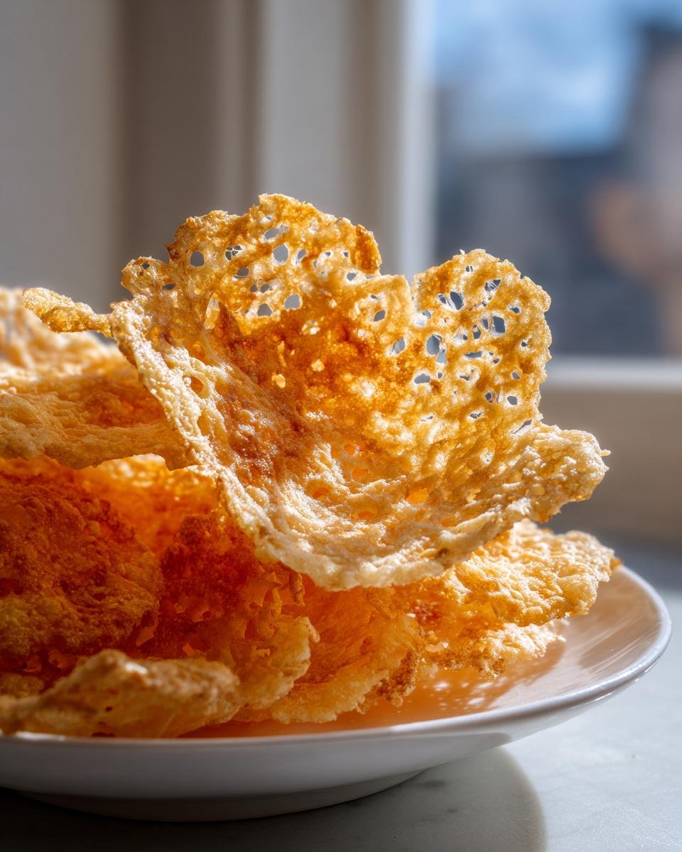 Close-up of crispy, lacy Parmesan Crisps piled high on a small white plate, catching the light.