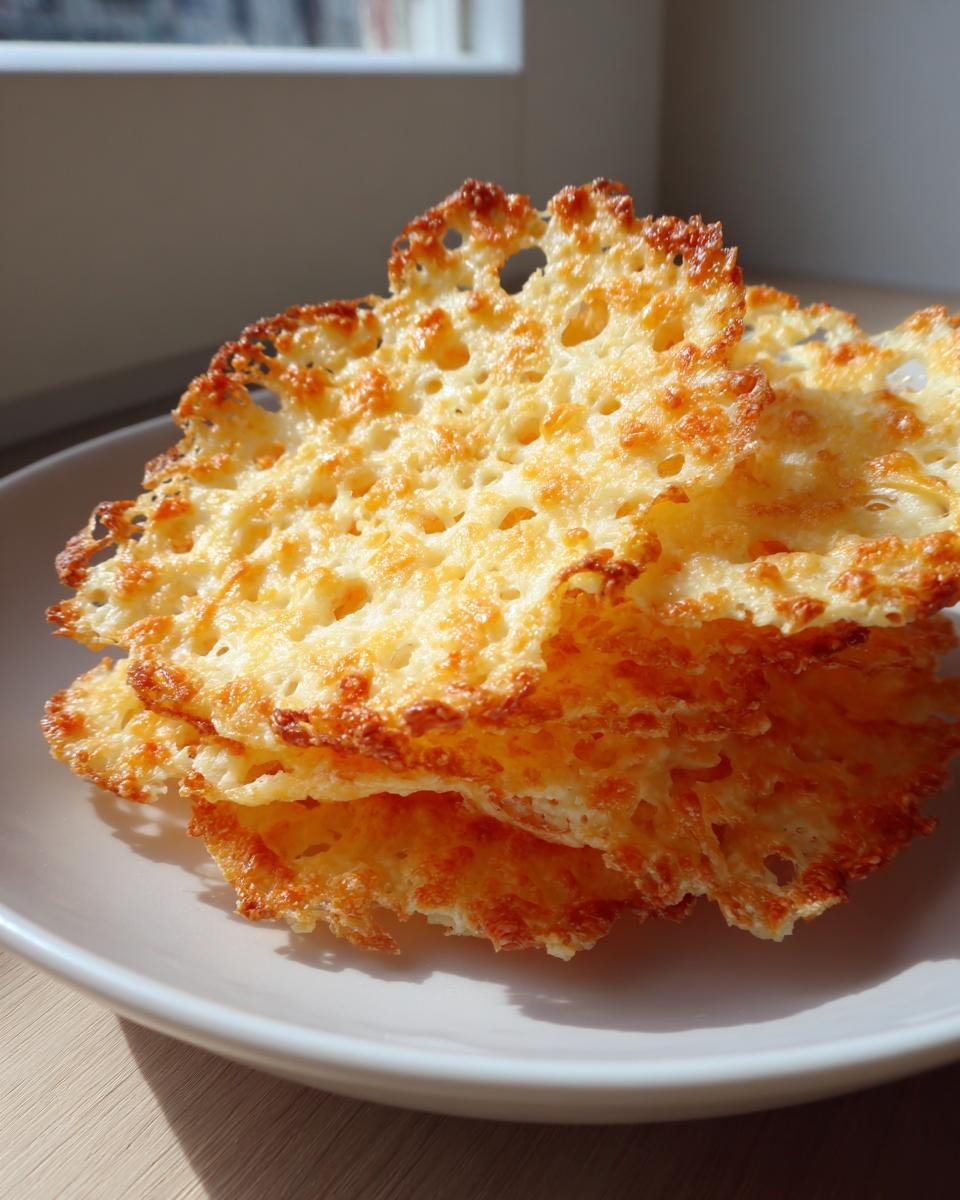 A stack of three golden brown, lacy Parmesan Crisps resting on a light-colored plate, catching sunlight.