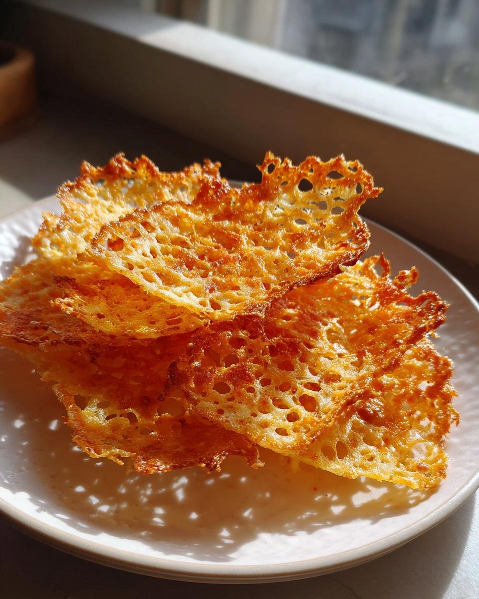 A stack of golden brown, lacy Parmesan Crisps resting on a light-colored plate near a window.