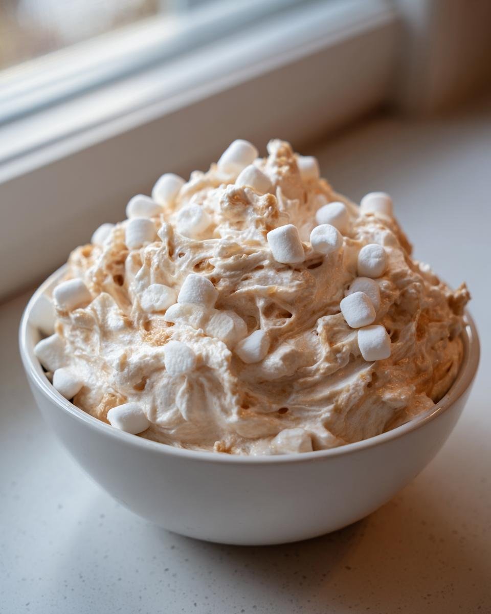 A white bowl filled high with creamy Peanut Butter Fluff topped with mini marshmallows.