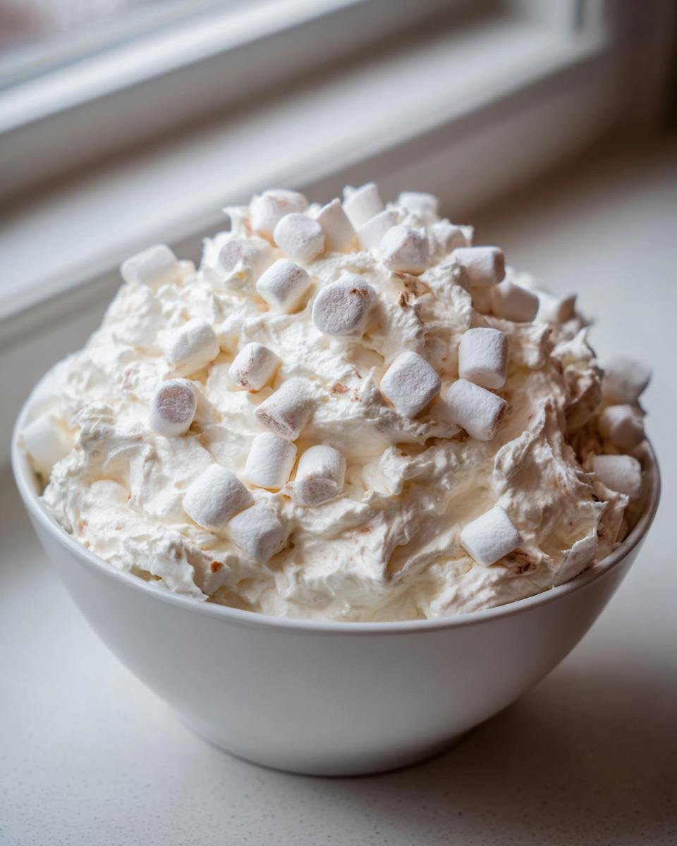 A white bowl filled with creamy Peanut Butter Fluff topped generously with mini marshmallows.