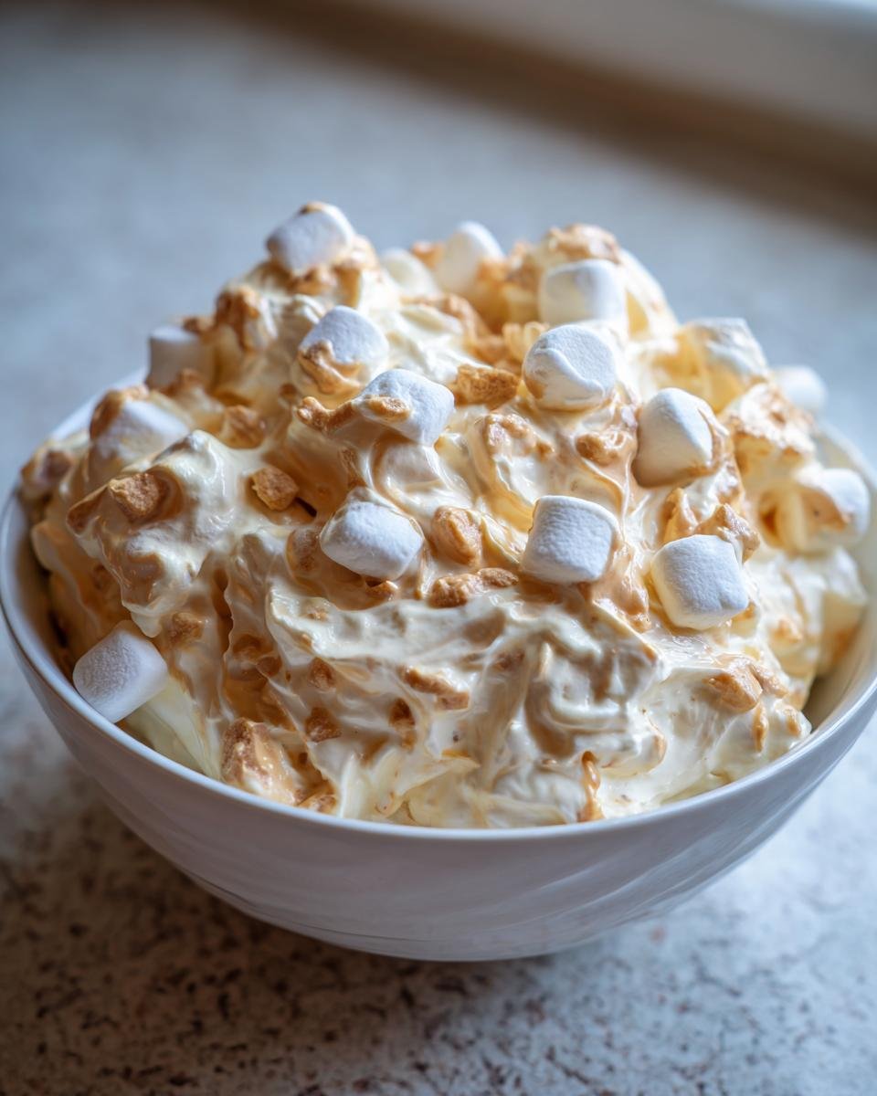 A white bowl filled with creamy Peanut Butter Fluff topped with mini marshmallows and crushed pieces.