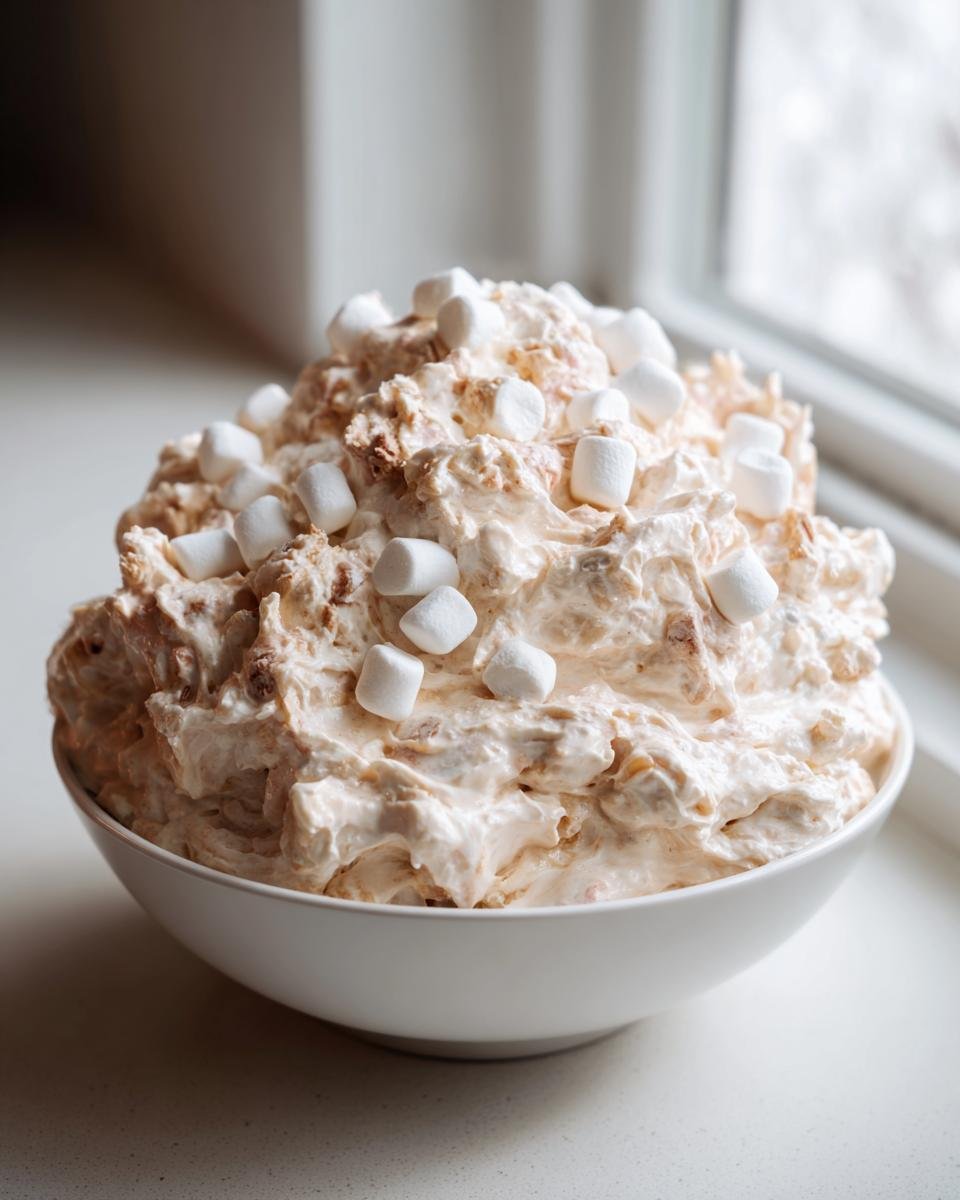 A large white bowl filled with fluffy Peanut Butter Fluff mixture topped with mini marshmallows.