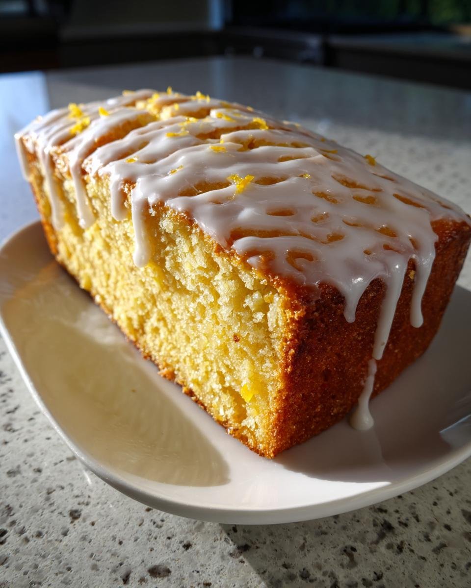 A golden yellow Pina Colada Pound Cake loaf topped with white glaze icing and citrus zest.