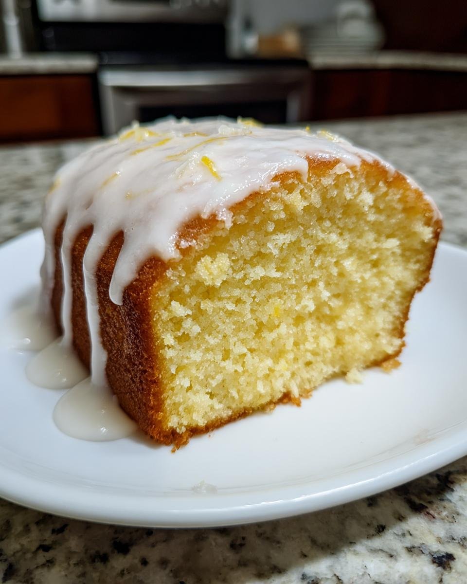 Close-up of a moist slice of Pina Colada Pound Cake topped with white glaze and zest.