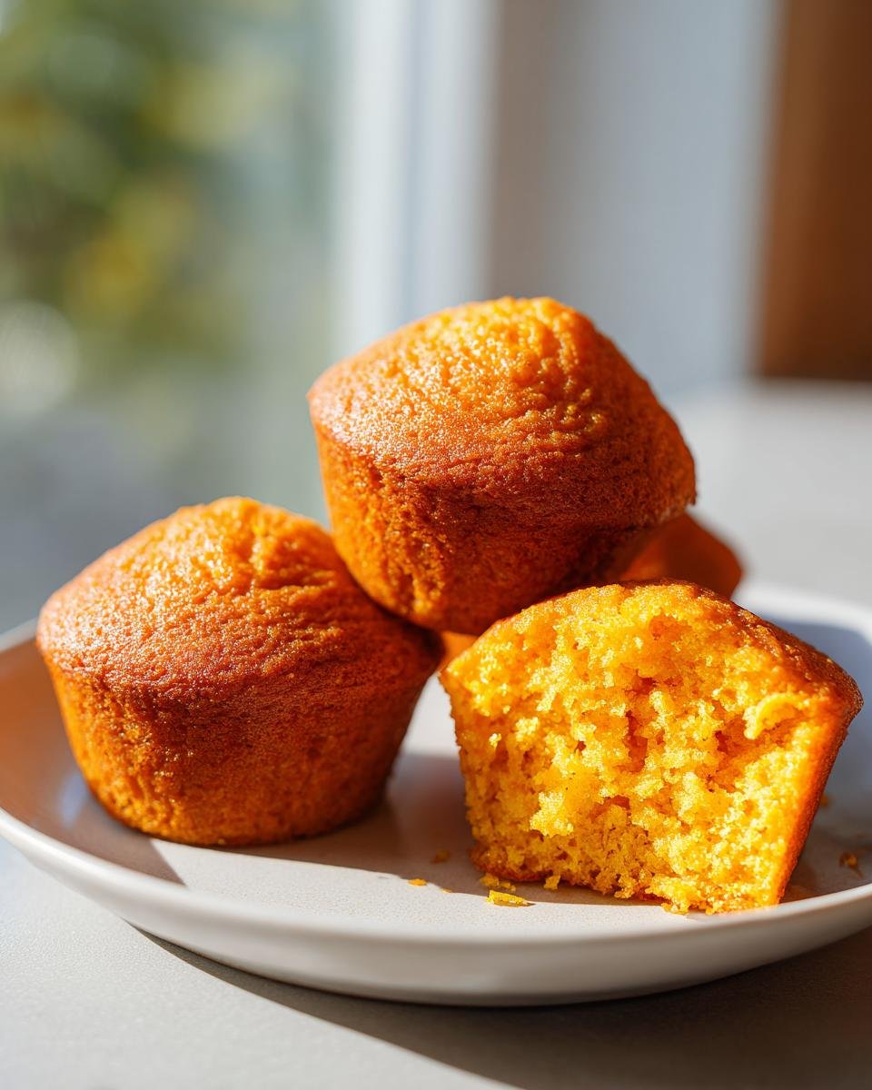 Close-up of golden Pumpkin Cornbread Muffins, one broken open to show the moist interior, stacked on a light gray plate.