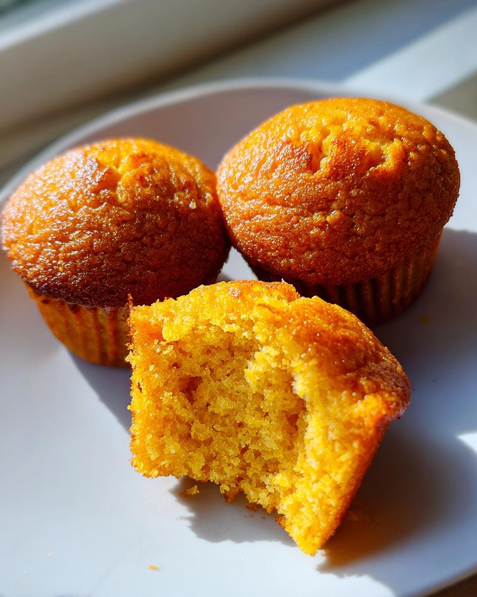 Three golden Pumpkin Cornbread Muffins on a white plate, one broken open to show the moist interior.