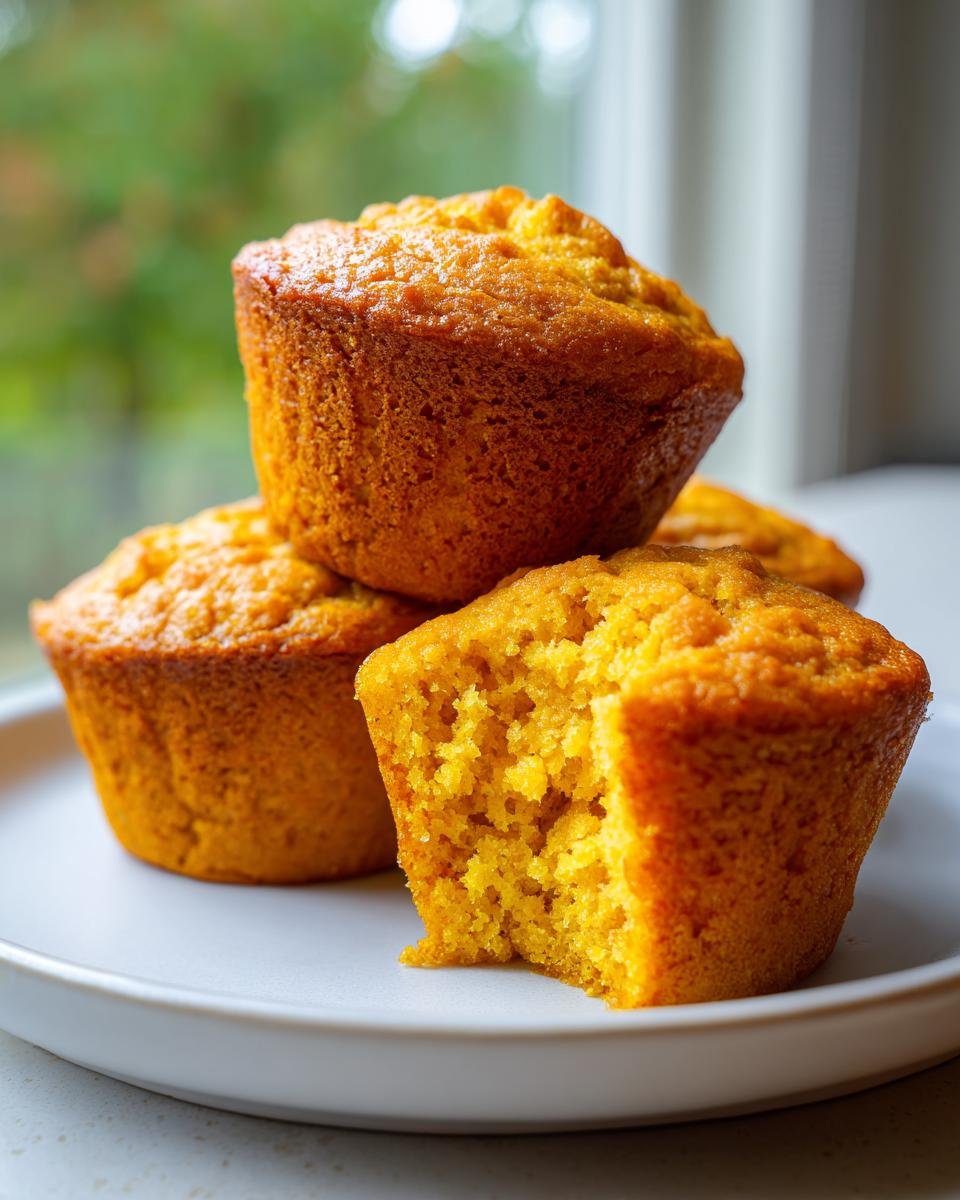 Close-up of several moist Pumpkin Cornbread Muffins stacked on a white plate, one with a bite taken out showing the texture.