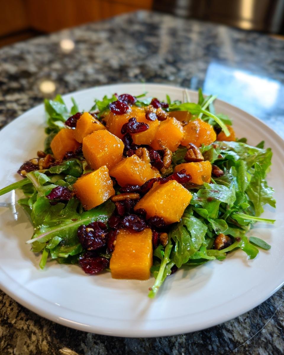 A serving of Roasted Butternut Squash Salad featuring bright orange squash cubes, dried cranberries, and pecans over a bed of fresh arugula.