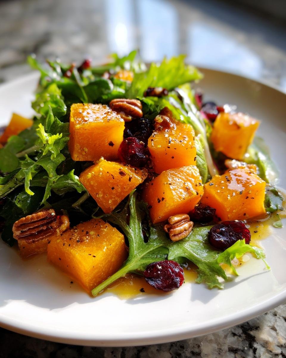 Close-up of a vibrant Roasted Butternut Squash Salad featuring bright orange squash cubes, greens, pecans, and dried cranberries.