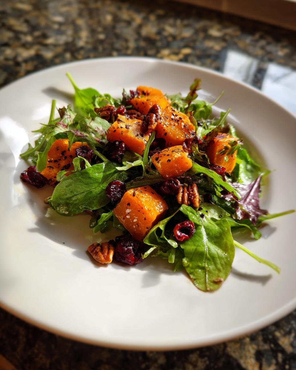 A close-up of a vibrant Roasted Butternut Squash Salad featuring greens, orange squash cubes, pecans, and dried cranberries.