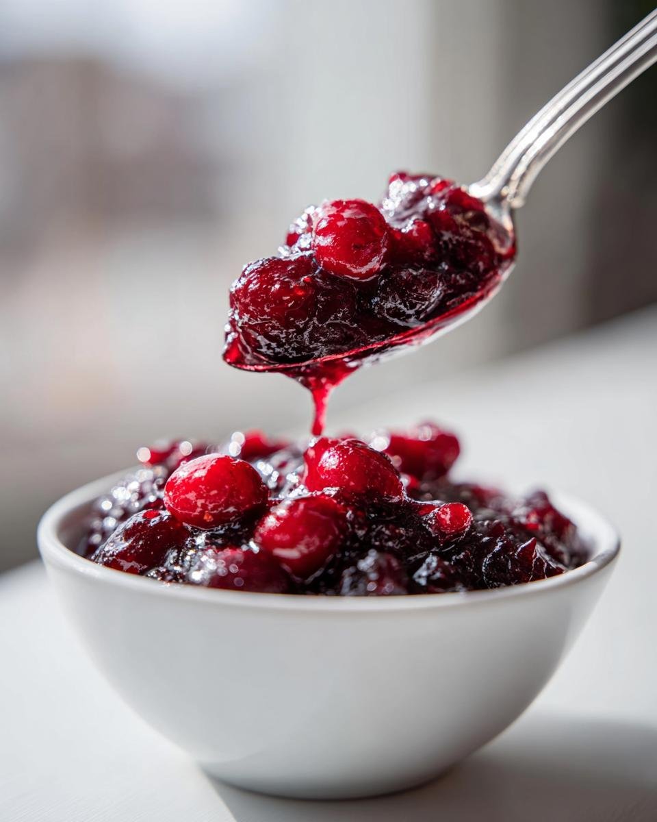 A spoonful of glistening, deep red homemade Cranberry Sauce being lifted from a white bowl.
