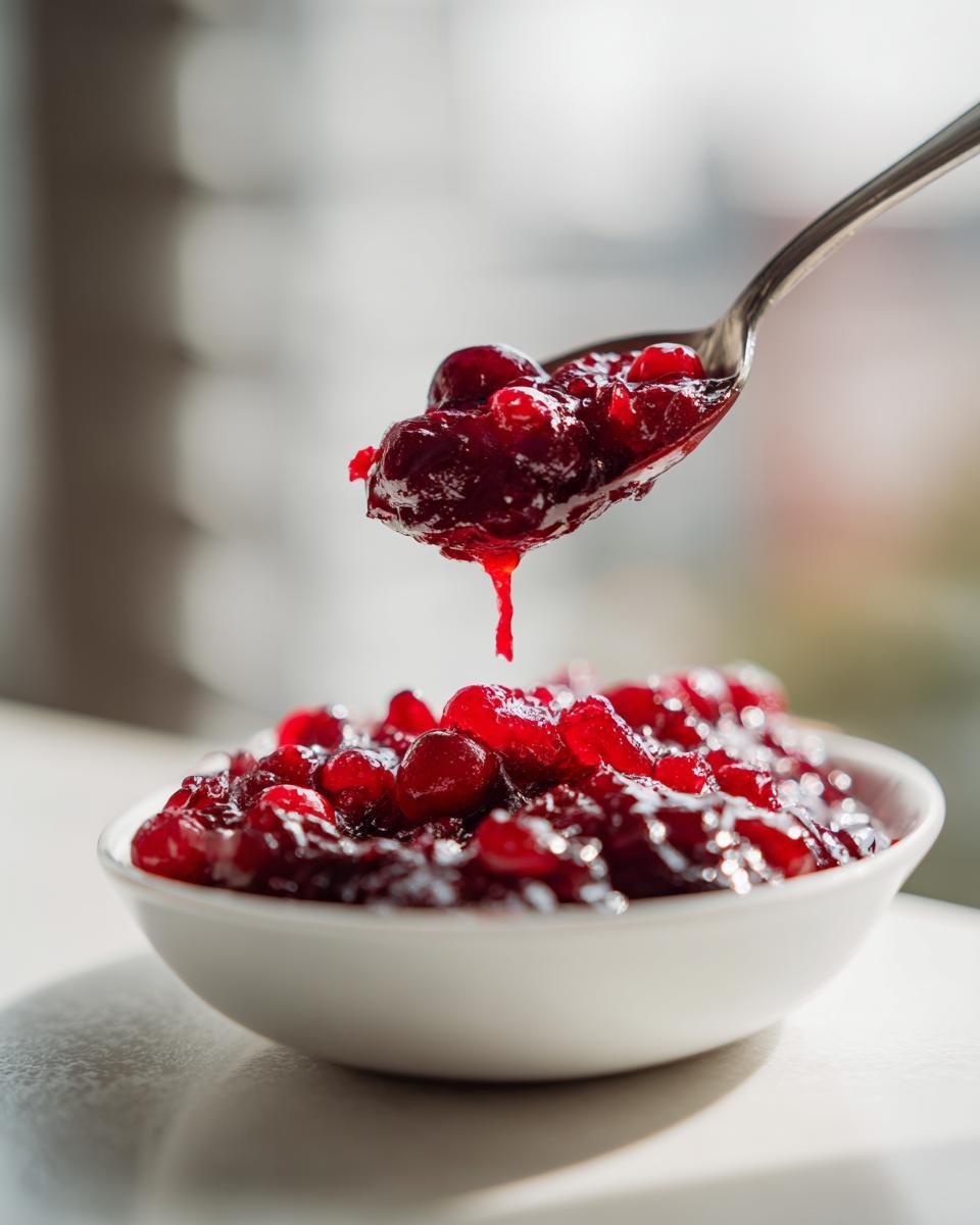 A spoonful of glistening homemade Cranberry Sauce being lifted from a white bowl, with sauce dripping.