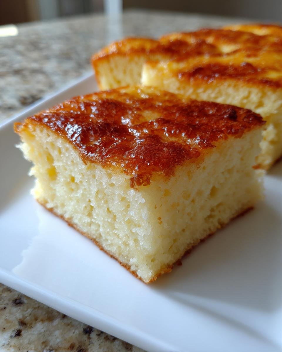 A close-up of a thick, fluffy square slice of Sheet Pan Pancakes with a golden, slightly caramelized top.