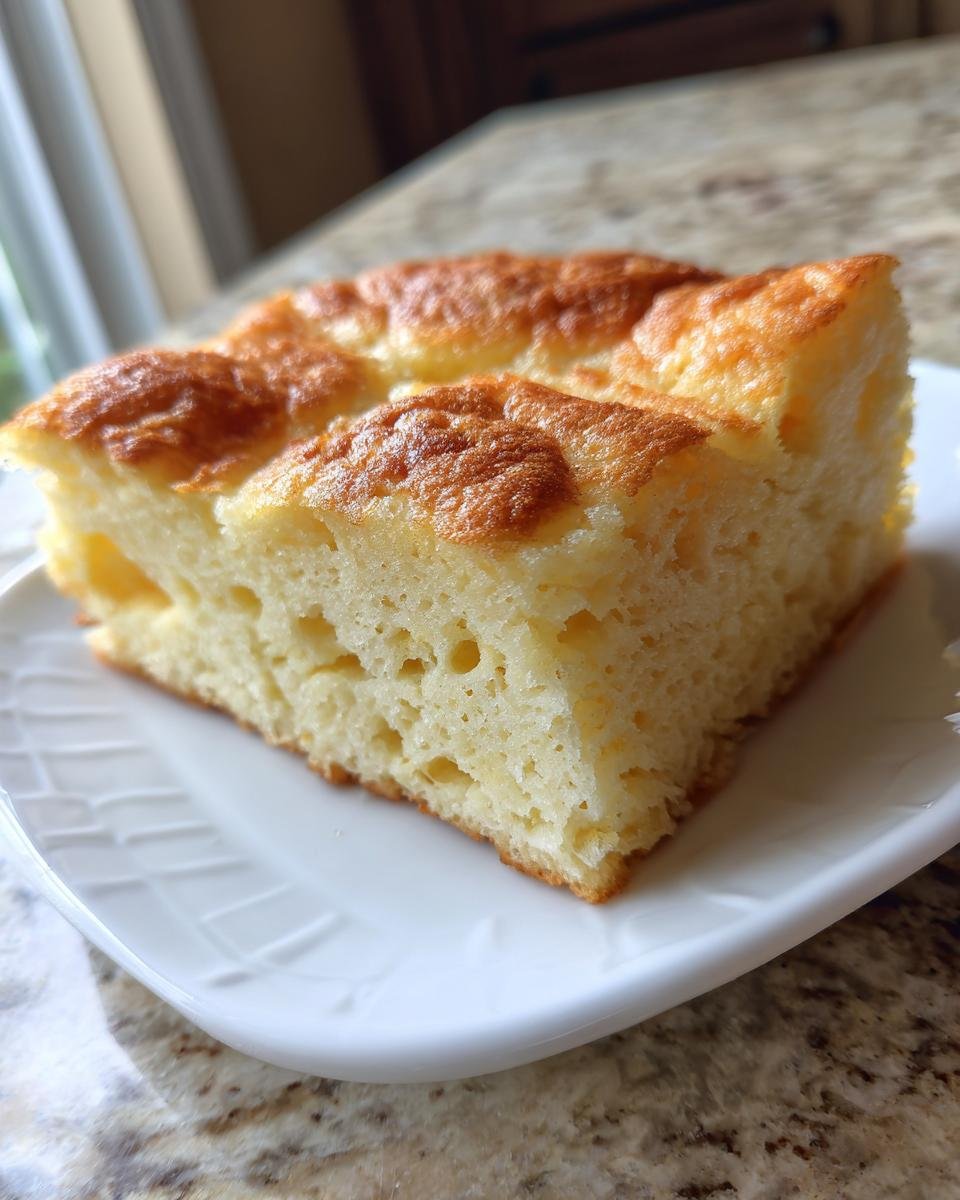 A thick, fluffy square slice of golden-brown Sheet Pan Pancakes served on a white plate.