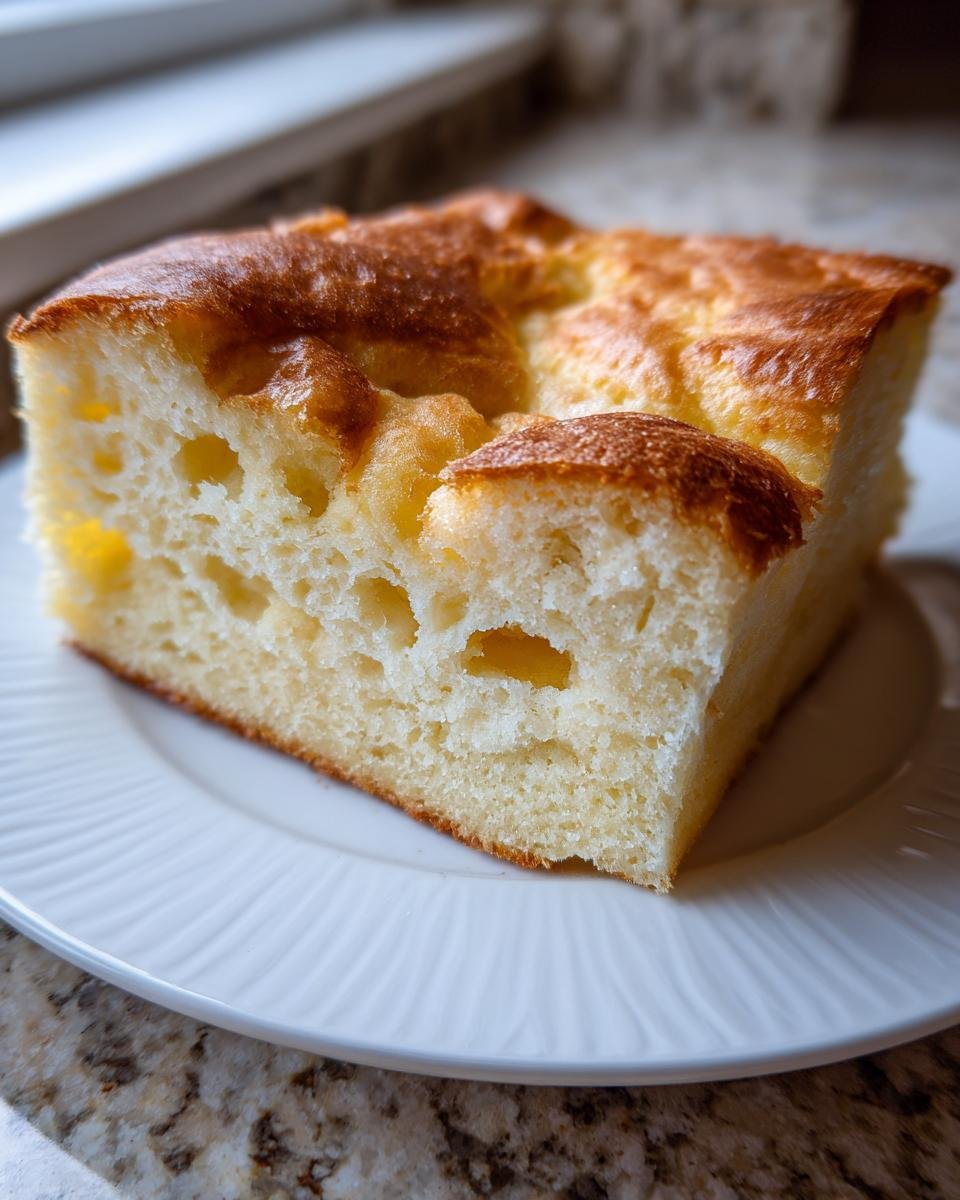 Close-up of a thick, fluffy square slice of Sheet Pan Pancakes with a golden-brown top, served on a white plate.