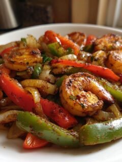 Close-up of seasoned Shrimp Fajitas featuring plump shrimp, sliced red and green bell peppers, and onions served on a white plate.