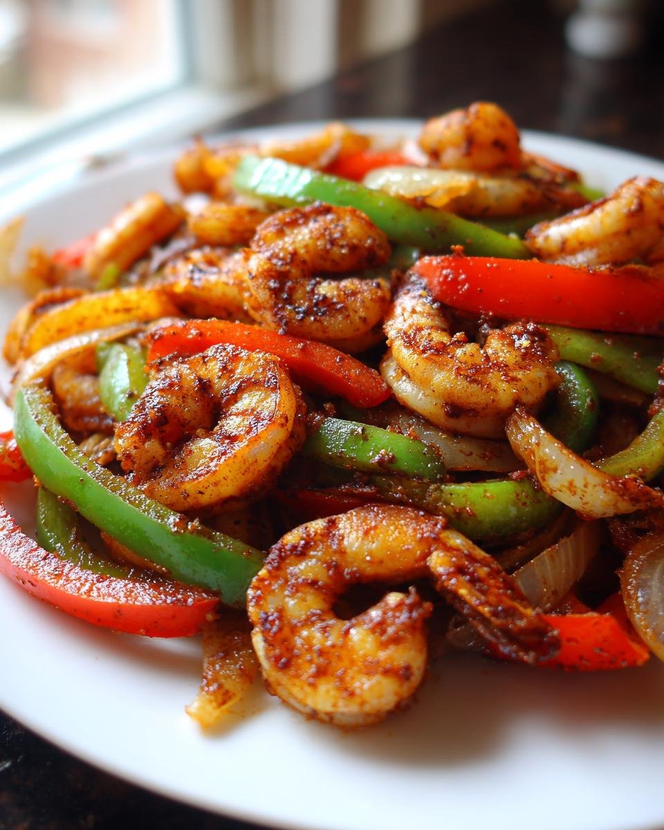 Close-up of perfectly seasoned shrimp fajitas mixed with sliced red and green bell peppers and onions.