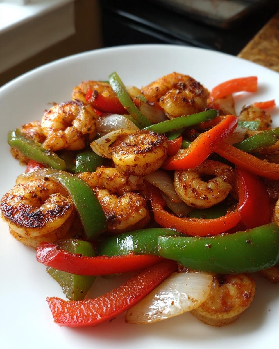 Close-up of seasoned shrimp fajitas with sliced red and green bell peppers and onions served on a white plate.