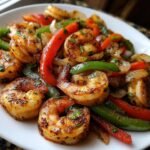 Close-up of perfectly seasoned Shrimp Fajitas featuring plump shrimp, saut&eacute;ed onions, and strips of red and green bell peppers.