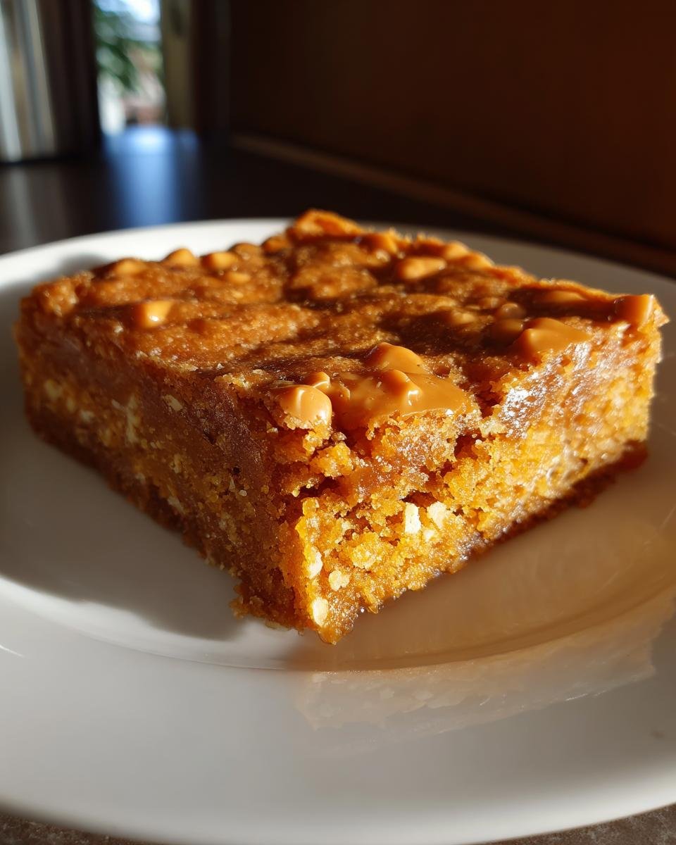A decadent, square slice of rich, golden brown Butterscotch Bars topped with melted butterscotch chips on a white plate.