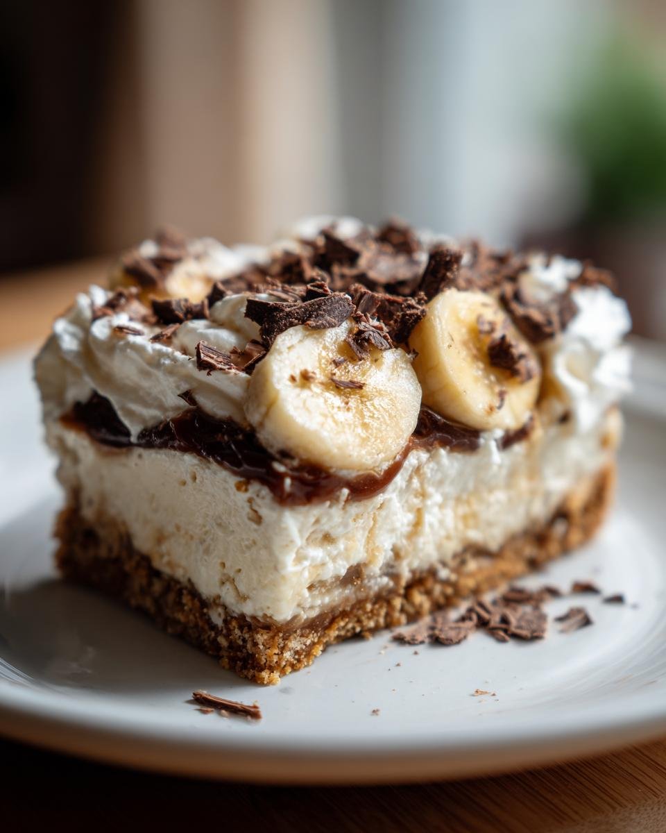 A rich slice of no-bake Banoffee Pie with a biscuit base, cream, caramel, and topped with banana slices and chocolate shavings.