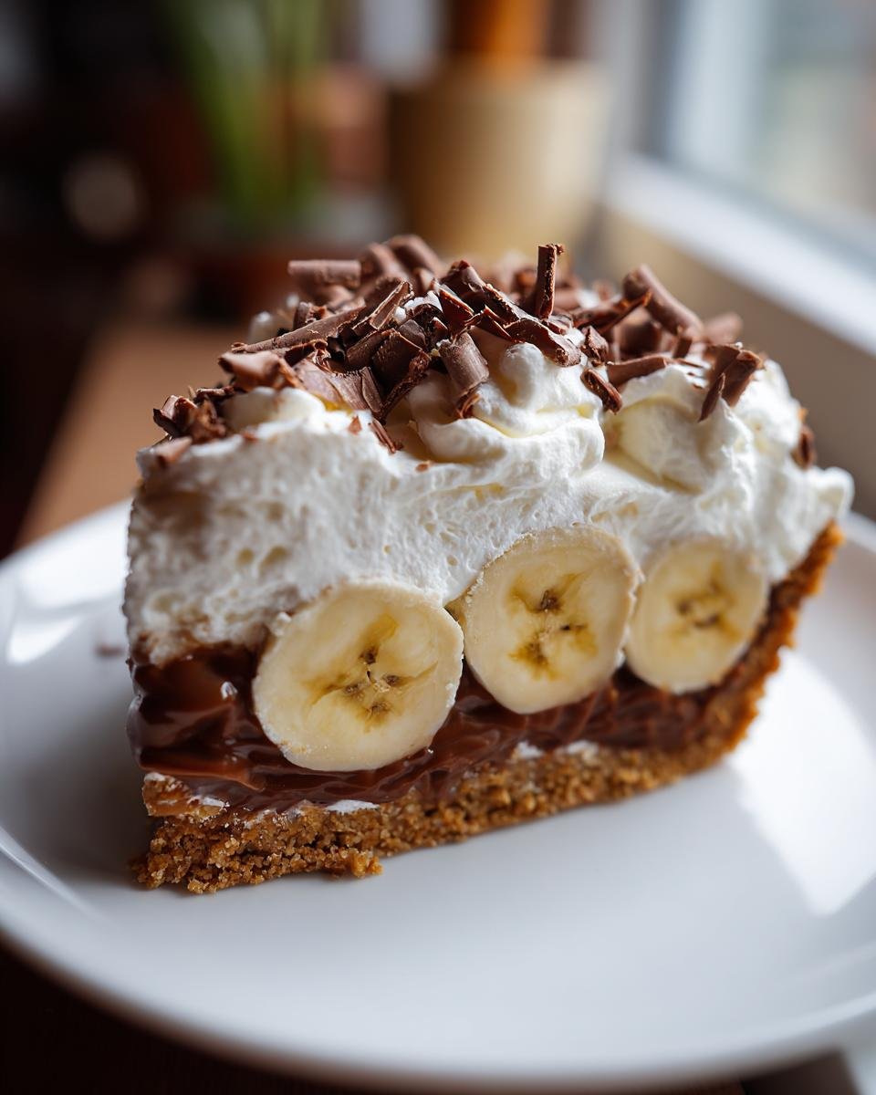 A close-up slice of Banoffee Pie featuring a graham cracker crust, dulce de leche, banana slices, whipped cream, and chocolate shavings.