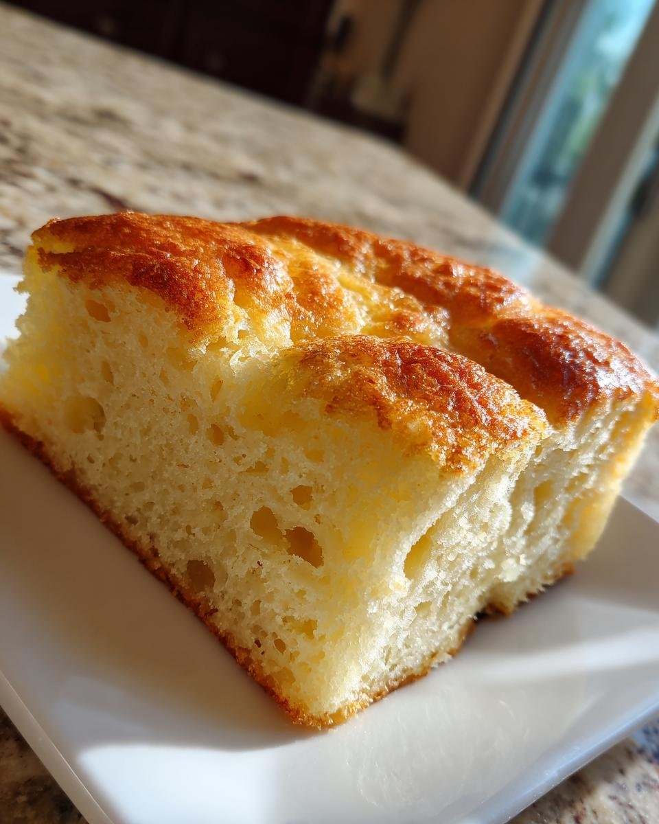 Close-up of a thick, fluffy slice of Sheet Pan Pancakes with a golden-brown, slightly crisp top.
