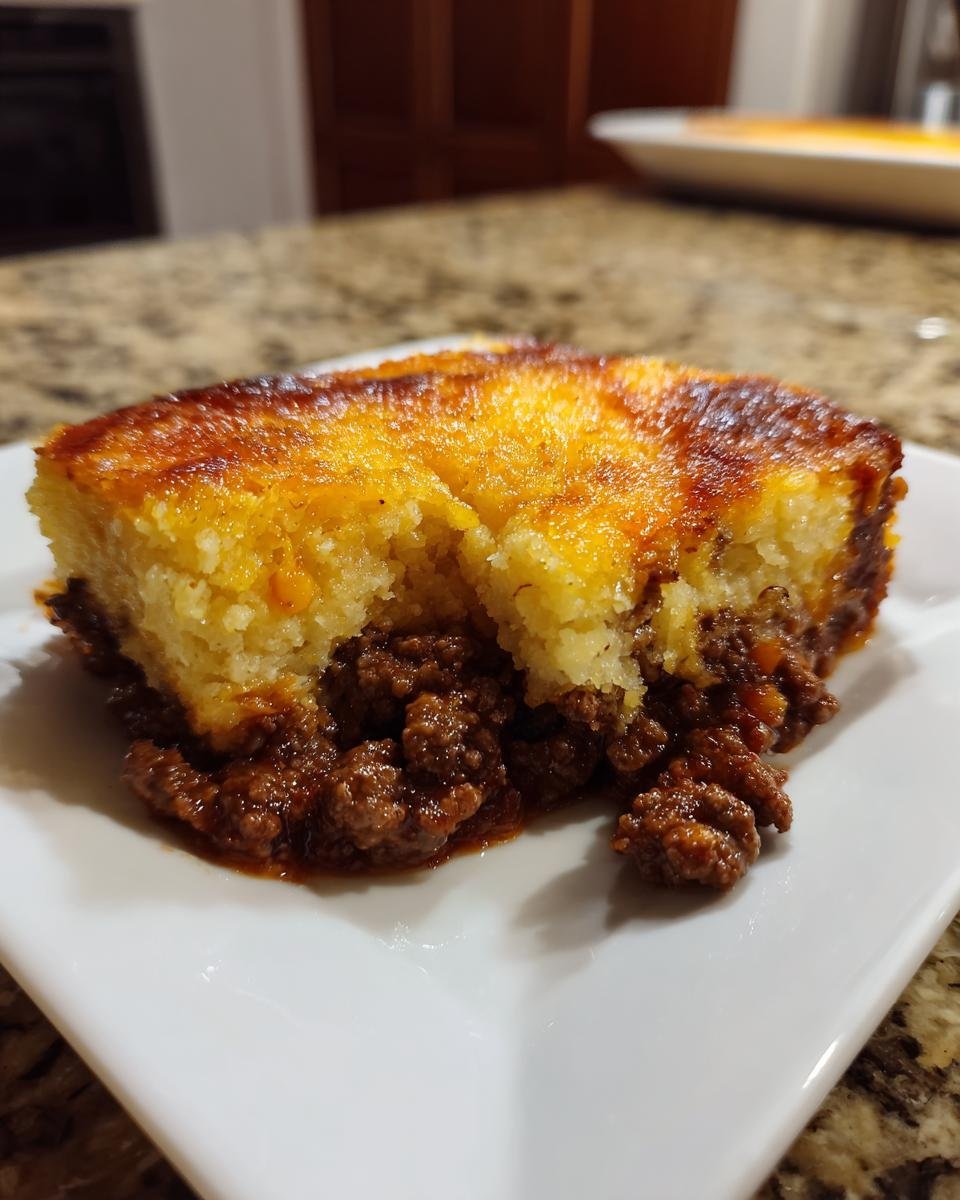A close-up of a square slice of Sloppy Joe Cornbread Casserole showing the browned cornbread top and savory meat filling.