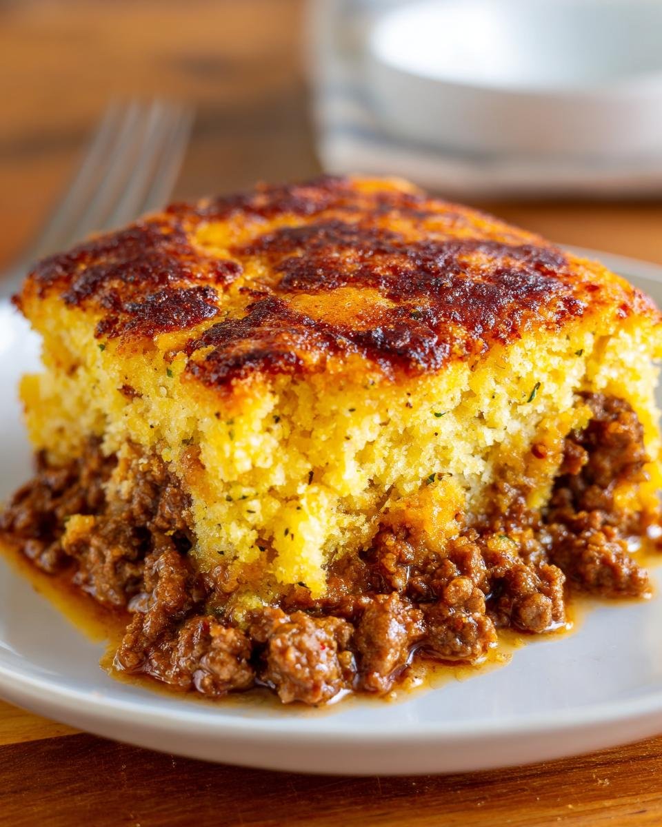 A close-up of a serving of Sloppy Joe Cornbread Casserole with a thick layer of seasoned ground beef beneath a golden, baked cornbread top.