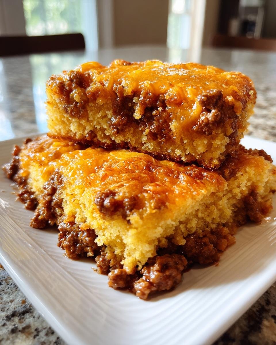 Two stacked squares of Sloppy Joe Cornbread Casserole featuring a layer of seasoned meat and melted cheddar cheese on top of cornbread.