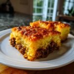 Two golden slices of Sloppy Joe Cornbread Casserole showing a layer of savory meat filling beneath the sweet cornbread topping.