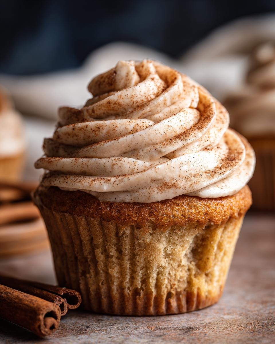 A close-up shot of one perfect Snickerdoodle Cupcakes topped with a swirl of cinnamon cream cheese frosting.