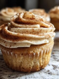 A close-up of one perfectly frosted Snickerdoodle Cupcakes, dusted generously with cinnamon.