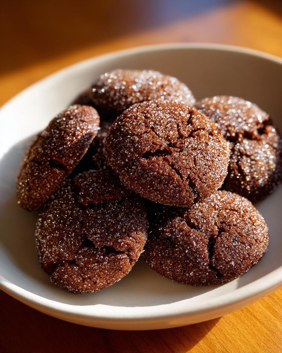A close-up of several rich, dark Gingersnap Cookies coated in sparkling sugar, piled in a light bowl.