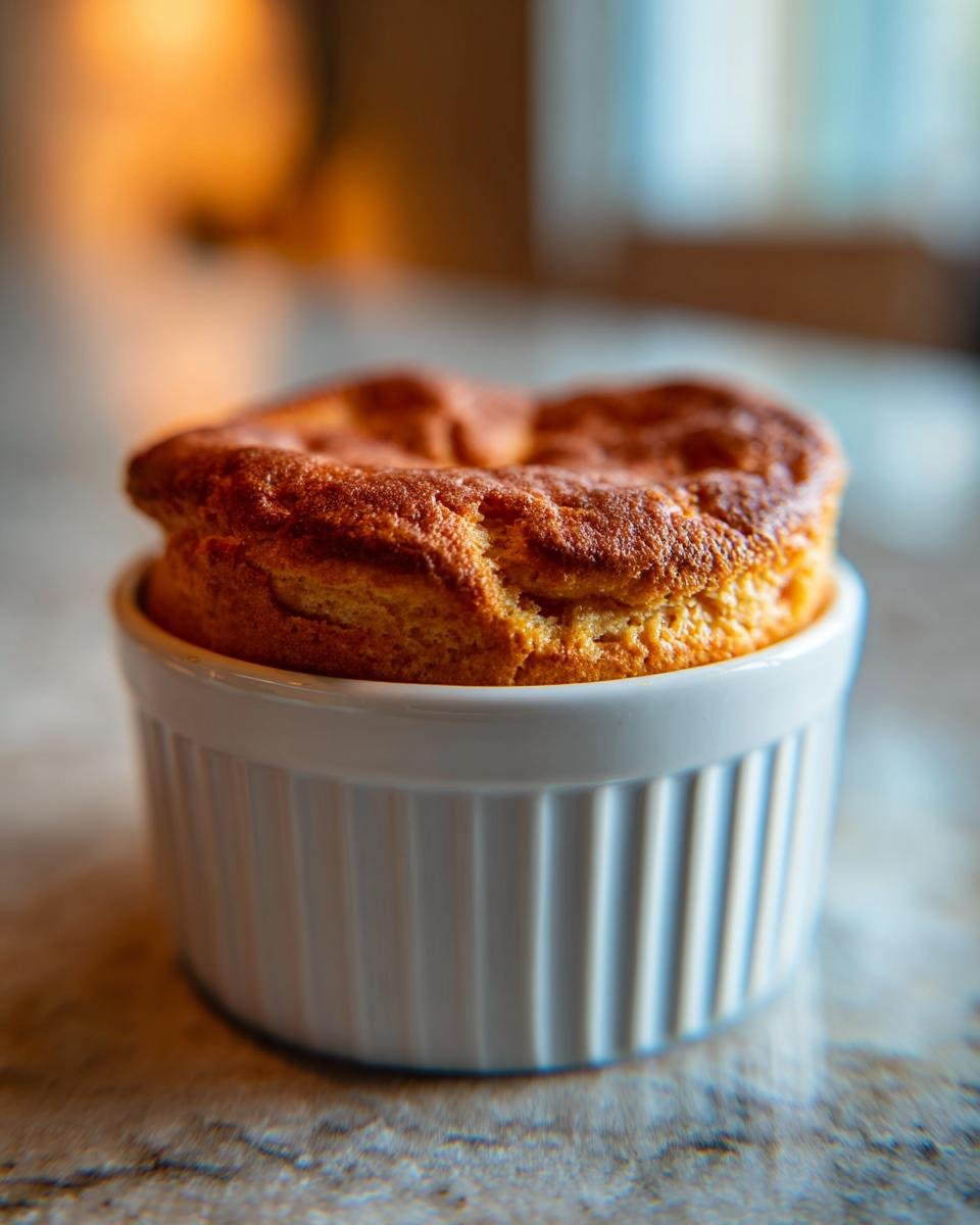 A golden-brown, freshly baked Sweet Potato Souffle risen high above the rim of a white, fluted ramekin.