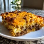 A close-up slice of Taco Hashbrown Casserole showing layers of shredded potatoes, seasoned ground beef, and melted cheddar cheese.