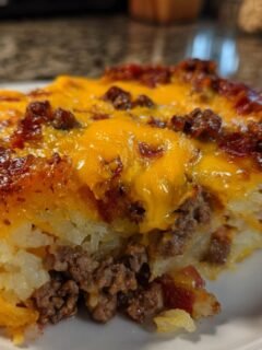 A close-up slice of Taco Hashbrown Casserole featuring shredded potatoes, seasoned ground beef, and melted cheddar cheese on top.
