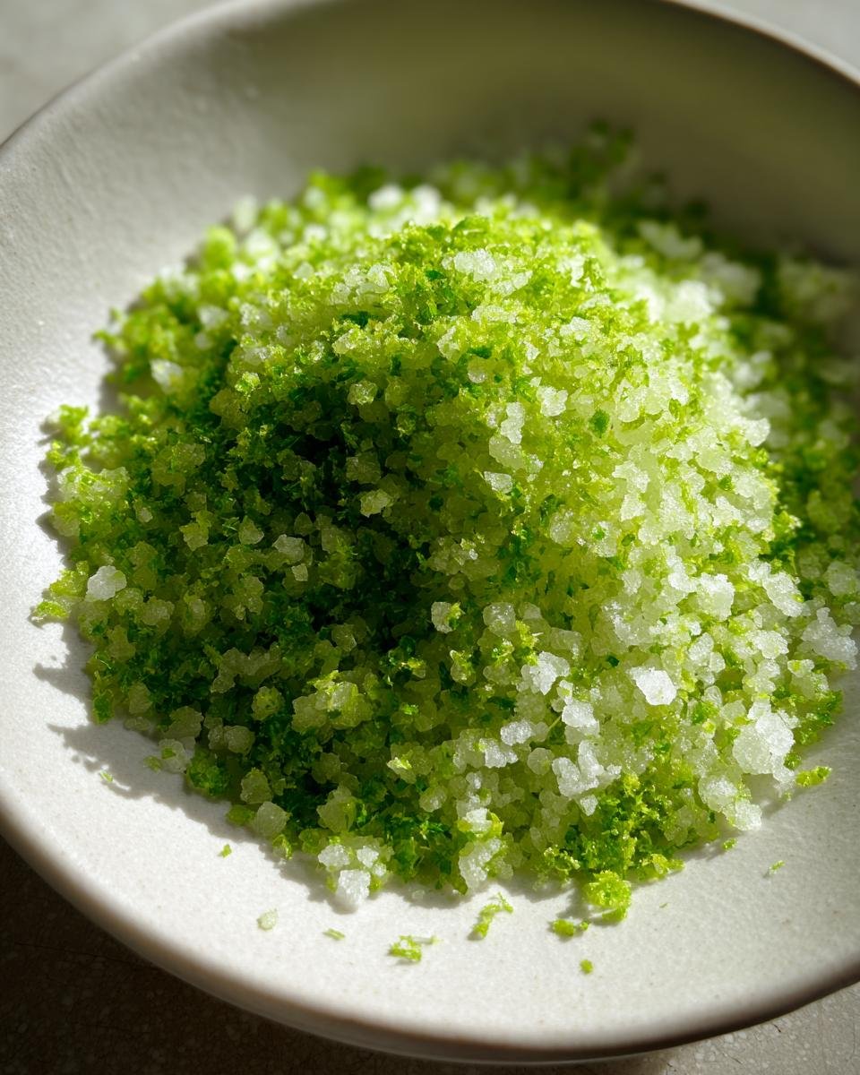 Close-up of coarse salt mixed with bright green lime zest, creating homemade Lime Salt.