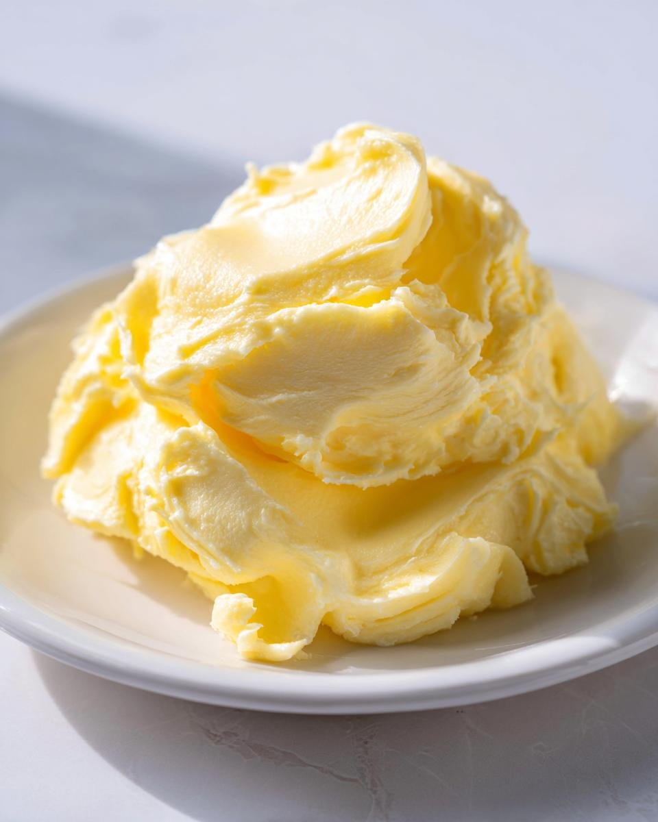 Close-up of fluffy, whipped Honey Butter piled high on a small white dish.