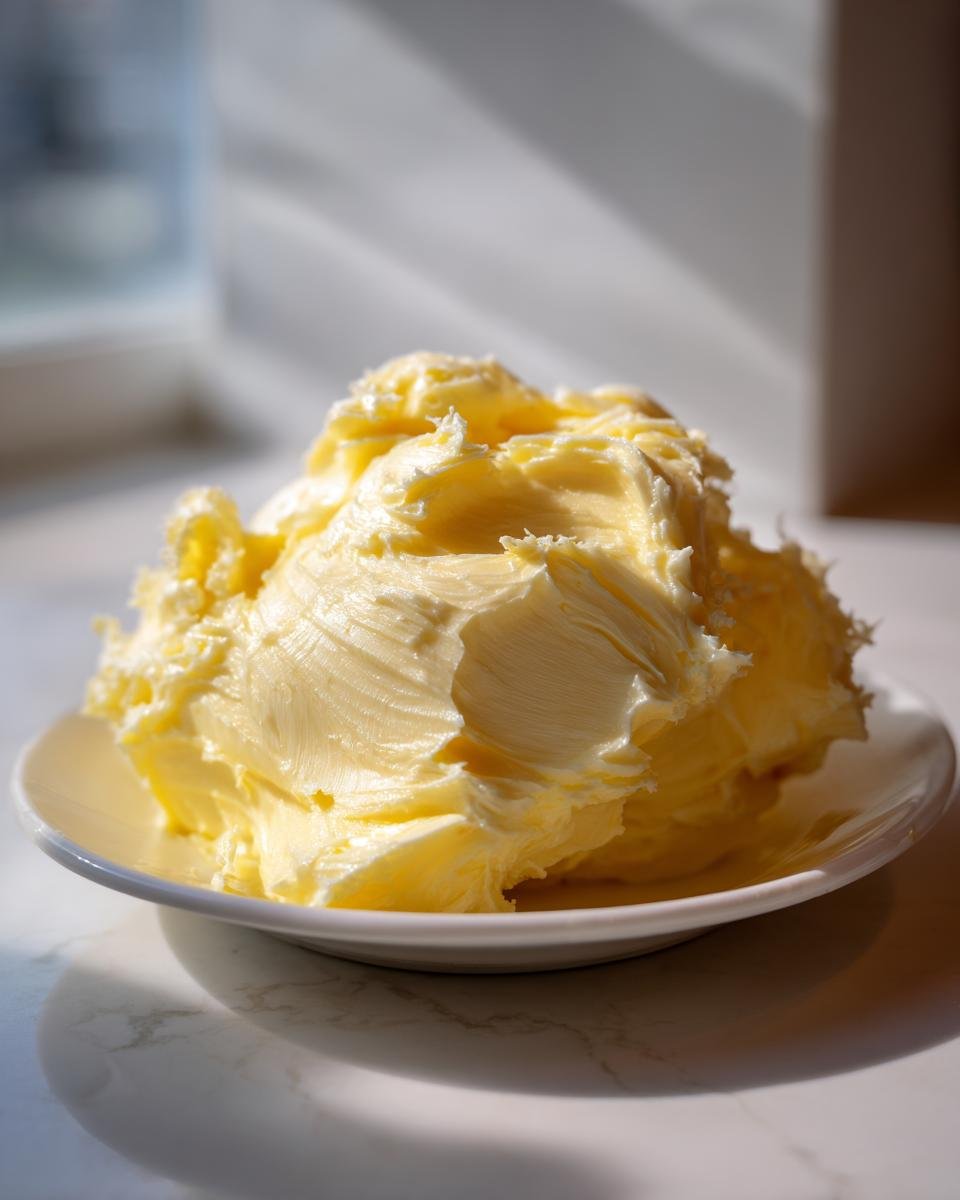 A mound of freshly whipped, light yellow Honey Butter spread on a small white plate, catching bright sunlight.