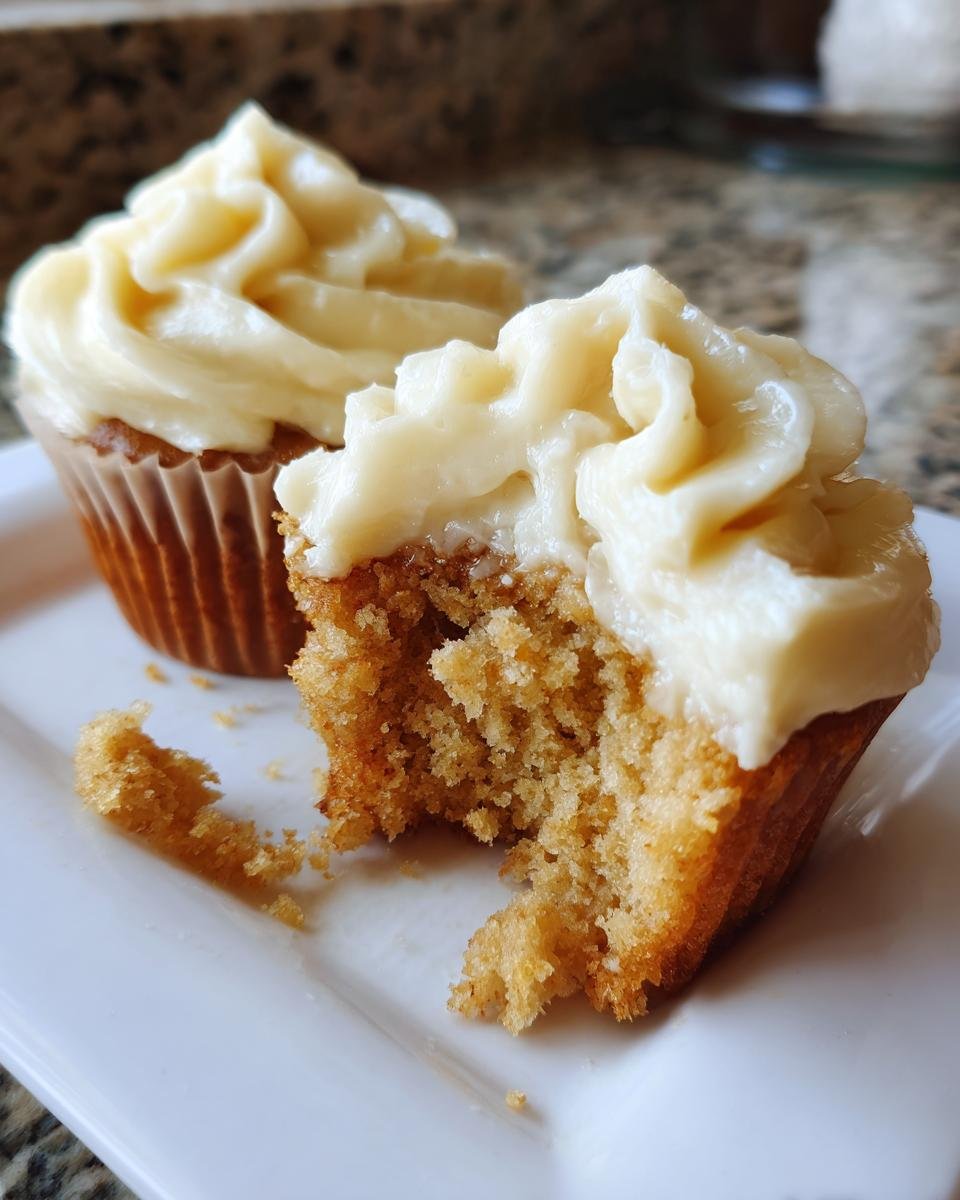 A close-up of a White Chocolate Cupcakes, one of which is broken open to show the moist crumb and creamy frosting.