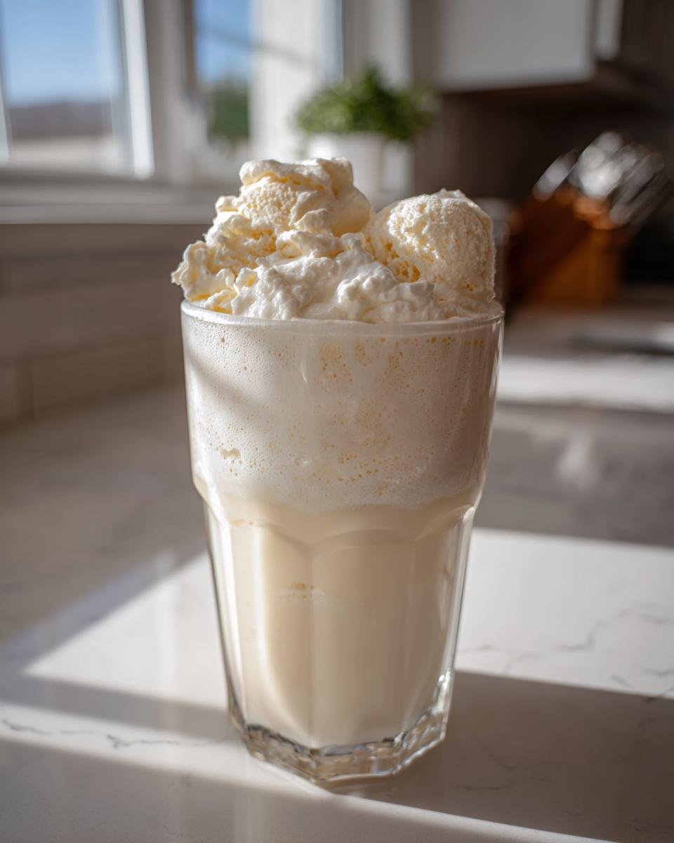 A tall glass filled with creamy White Christmas Punch, topped generously with whipped cream and scoops of vanilla ice cream.